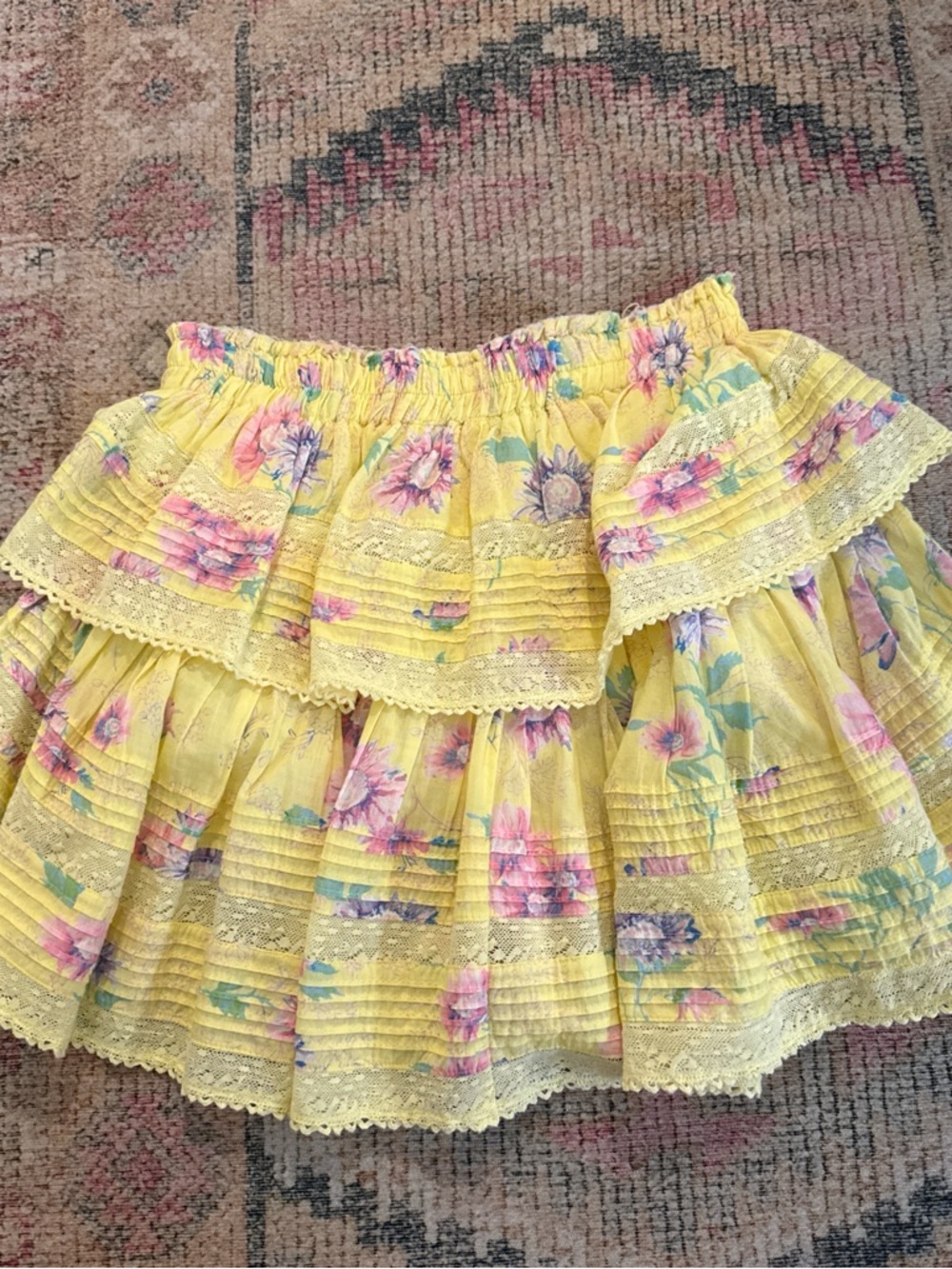 LoveShackFancy Yellow Floral Tiered Ruffle Mini Skirt